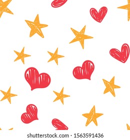 Heart and star doodles seamless pattern. Love and sky texture background.