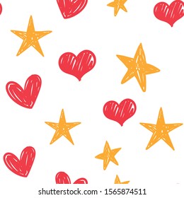 Heart and star doodles seamless pattern. Love and sky texture background.