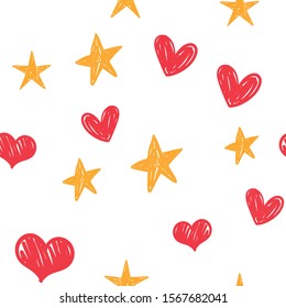 Heart and star doodles seamless pattern. Love and sky texture background.