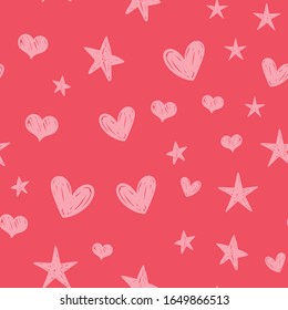 Doodles de corazón y estrellas sin fisuras. Textura de fondo de corazones y estrellas. Iconos dibujados a mano.