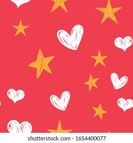 Heart and star doodles seamless pattern. Hearts and stars background texture. Hand drawn icons.