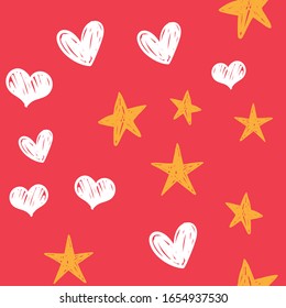 Heart and star doodles seamless pattern. Hearts and stars background texture. Hand drawn icons.