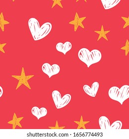 Heart and star doodles seamless pattern. Hearts and stars background texture. Hand drawn icons.