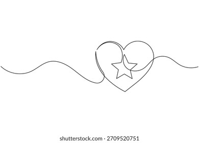 Um coração e uma estrela desenhados com uma única linha contínua, arte vetorial simples.