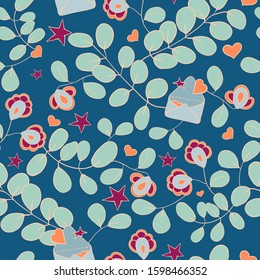 Heart, star, flowers
Decorative vector seamless pattern. Stylized flowers, an envelope for letters, heart, star.