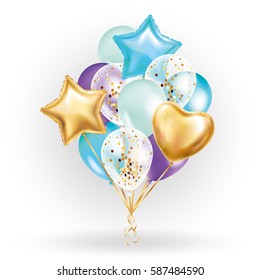 Heart star Gold balloon Bouquet. Frosted party balloons event design. Balloons isolated in the air. Party decorations wedding, birthday, celebration, love, valentines, kids. Color transparent balloon