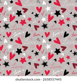 Heart and star illustration pattern. Cute romantic rock chaotic hearts on a gray background. Black, red and white pattern backdrop vector.  Print on textile. Wrapping paper