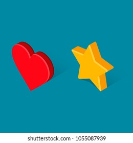 Heart and Star Isometric Symbol set, Vector isolated flat icon.