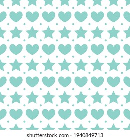 Heart and star seamless pattern vector. Cute blue hearts, stars, and dots on isolated white background. For child and baby fabric, cloth, backdrop, wallpaper, wrapping paper.