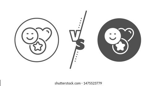 Heart, star sign. Versus concept. Social media likes line icon. Positive smile feedback symbol. Line vs classic smile icon. Vector