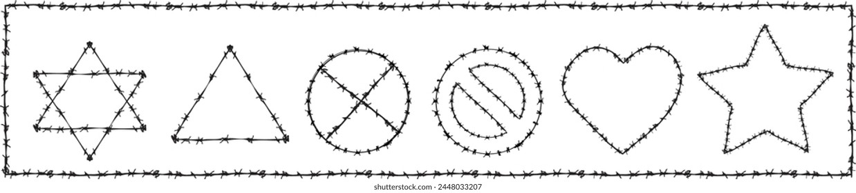 Heart, star, triangle,no, don't sign made of Barb wire brush. graphics resources. Brushes, Shapes, border and pattern texture design vector graphic. 