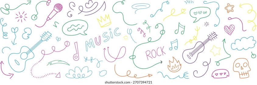 Pack de Vectores Heart Star para bocetos musicales.  Una forma de doodle humorístico que incluye un corazón, fuego, cráneo y corona.  Líneas de graffiti a la manera de tatuajes, tiza, crayones, marcadores y música.