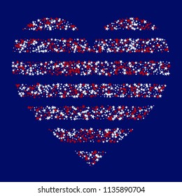 Heart of Stars Confetti in Colors of American Flag. USA Festival Flyer Pattern Design. United States Texture. Screen, Cover Stars Background.