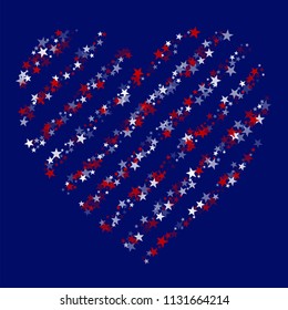 Heart of Stars Confetti in White, Blue, Red, Navy Colors. USA Memorial Day Pattern Design. Independence Day Texture. Screen, Cover Print Design Background.