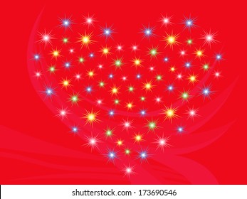 Heart with stars on bright red abstract background, hand drawing Valentine vector illustration