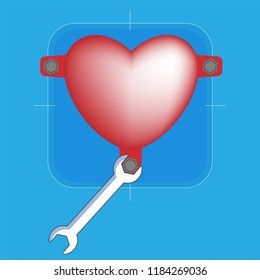 Heart statue fixing on focus screen background. Mindset metaphorical concept. Vector illustration.
