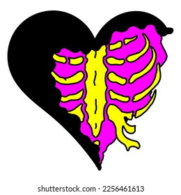 Heart with sternum. Chest bone. Gothic design, heart for Valentine's Day or Halloween. Hand drawing illustration vector isolated on white background. 