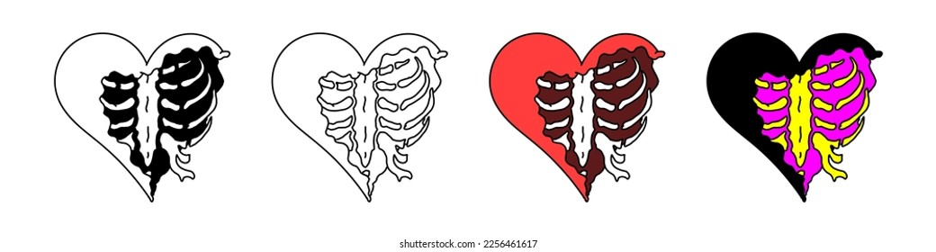 Heart with sternum. Chest bone. Gothic design, heart for Valentine's Day or Halloween. Hand drawing illustration vector isolated on white background. 