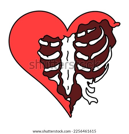 Heart with sternum. Chest bone. Gothic design, heart for Valentine's Day or Halloween. Hand drawing illustration vector isolated on white background. 