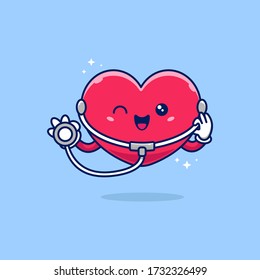 Heart Stethoscope Cartoon Vector Icon Illustration. Healthy Mascot Character. Health And Medical Icon Concept blue Isolated. Flat Cartoon Style Suitable for Web Landing Page, Banner, Flyer, Sticker.