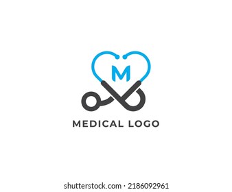 Heart Stethoscope Doctor Logo Concept sign symbol icon Design with Letter M. Medical Health care Logotype. Vector illustration template