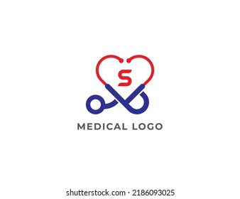 Símbolo del signo del concepto del logotipo del médico Stethoscope del corazón Diseño con letra S. Logotipo de atención médica. Plantilla de ilustración de vector