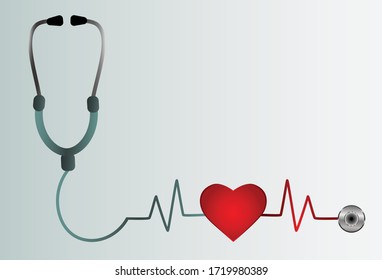 Heart with stethoscope and electrocardiogram waves. Vector medicine illustration.