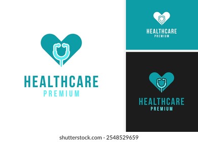 Heart and stethoscope healthcare logo design for clinics template vector illustration