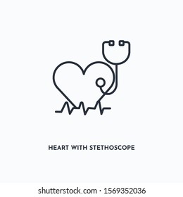 heart with stethoscope and heartbeat outline icon. Simple linear element illustration. Isolated line heart with stethoscope and heartbeat icon on white background. Thin stroke sign can be used for web