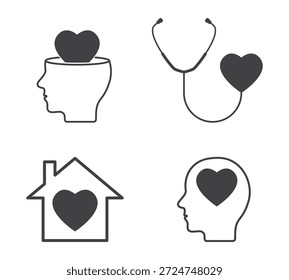 Corazón con estetoscopio dentro de la cabeza humana y el conjunto de iconos de la casa