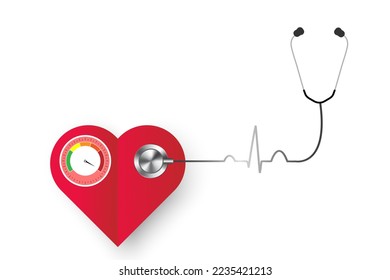 Heart and stethoscope isolated on white background. Medical health care. Heart attack screening. Hypertension. Vector.Illustration.