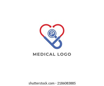 Heart Stethoscope Logo Concept sign icon symbol Design with Letter P. Medical Health care Logotype. Vector illustration template
