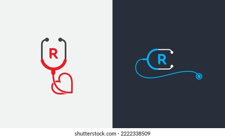 Conjunto de logotipos de estetioscopio Corazón Símbolo de concepto símbolo símbolo símbolo de elemento Diseño con letra R inicial. Logotipo médico, cruzado, de atención médica. Plantilla de ilustración de vector