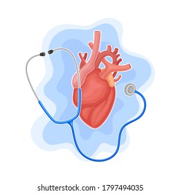 Heart and Stethoscope as Medical Equipment for Heartbeat Examination Vector Composition