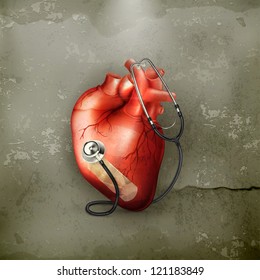 Heart and stethoscope, old-style vector