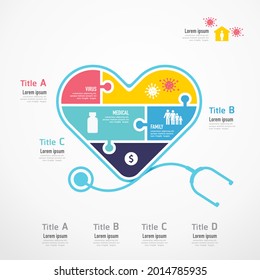 Heart stethoscope shape jigsaw banner. Concept Design infographic Template vector illustration