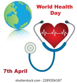 Heart with stethoscope and the world globe and the text world health day