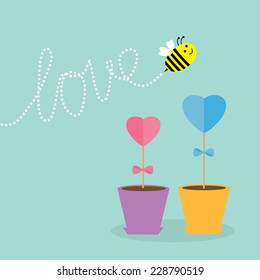 Heart stick flower in the pot and bee with dash line word love. Flat design. Vector illustration.