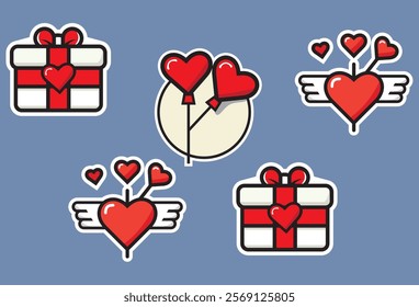 Heart Sticker Pack, vector collection of various kinds of heart vectors, boxes, heart balloons, heart letters, decorations for Valentine's Day celebrations, in the form of cute cartoon.