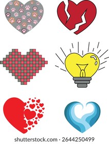 Adesivos cardíacos com diferentes desenhos. Logo do coração. Sinal de coração. Exemplo de logotipo. Exemplo de design.