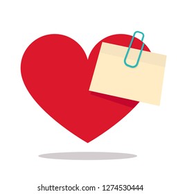 Heart with sticky note and paper clip. Valentine's day card. Romantic message. Vector flat illustration.