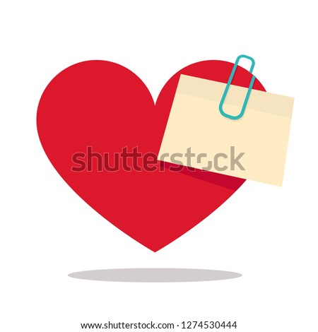 Heart with sticky note and paper clip. Valentine's day card. Romantic message. Vector flat illustration.