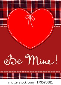 Heart in stitched textile style. Vector red heart textile label with 'be mine' hand lettering