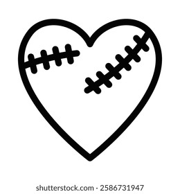 Heart with stitches vector icon in black outline. Editable stroke.