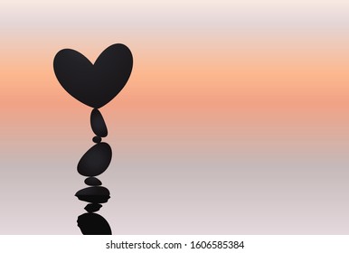 Heart and stone balancing, rock stacking, love symbol naturally balanced on top. Silhouettes with reflection on water surface on sunset background. Vector isolated illustration. Valentines Day card.
