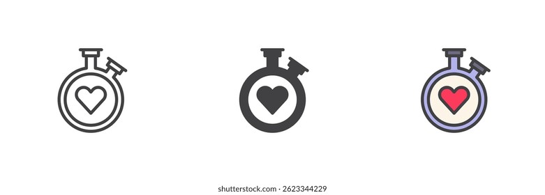 Heart stopwatch icon set in line, solid and filled outline style
