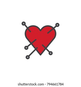 Heart with straight pin filled outline icon, line vector sign, linear colorful pictogram isolated on white. Love symbol, logo illustration. Pixel perfect vector graphics