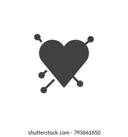 Heart with straight pin icon vector, filled flat sign, solid pictogram isolated on white. Love symbol, logo illustration.