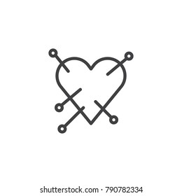Heart with straight pin line icon, outline vector sign, linear style pictogram isolated on white. Love symbol, logo illustration. Editable stroke