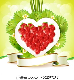 Heart of strawberry with leafs and label
